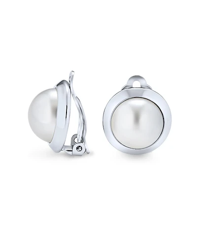 Bling Jewelry Simple Button Style Round Dome Bezel Pearl Clip-On Earrings Silver Plated Brass
