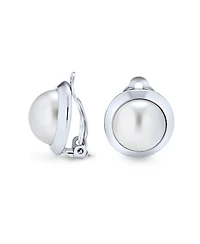 Bling Jewelry Simple Button Style Round Dome Bezel Pearl Clip-On Earrings Silver Plated Brass