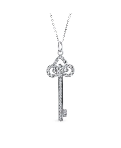 Bling Jewelry Pave Cubic Zirconia Cz Fleur De Lis Key Shape Pendant Necklace .925 Sterling Silver