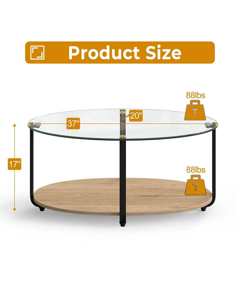 Gymax Glass-Top Coffee Table 2-Tier Modern Oval Side Sofa Table w/ Storage Shelf