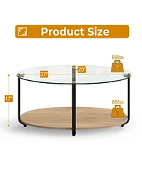 Gymax Glass-Top Coffee Table 2-Tier Modern Oval Side Sofa Table w/ Storage Shelf