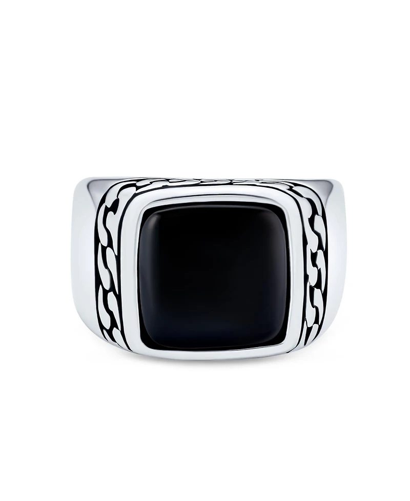 Bling Jewelry Classic Chain Link Accent Black Onyx Square Signet Ring Heavy Oxidized .925 Sterling Silver