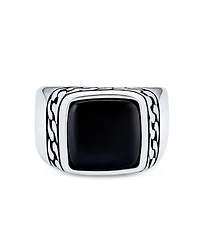 Bling Jewelry Classic Chain Link Accent Black Onyx Square Signet Ring Heavy Oxidized .925 Sterling Silver