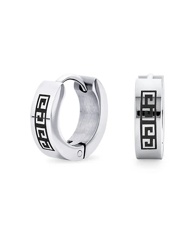 Bling Jewelry Greek Key Hoop Earrings Laser Etched Black Ip Plated Stainless Steel