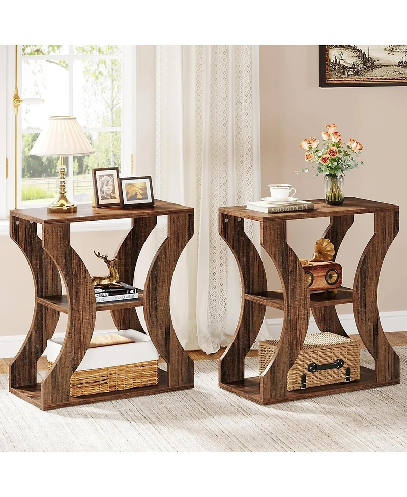 Tribesigns 24" Farmhouse End Table Set of 2, 3-Tier Side Table with Storage Shelves, Industrial Wood Accent Table, Nightstand Bedside Table for Living