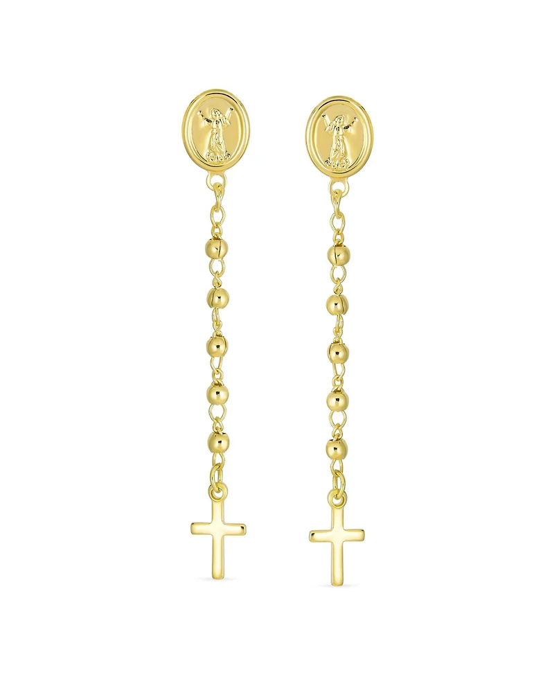 Bling Jewelry Religious Medallion Long Chain Dangle Angel & Cross Earrings Gold Plated