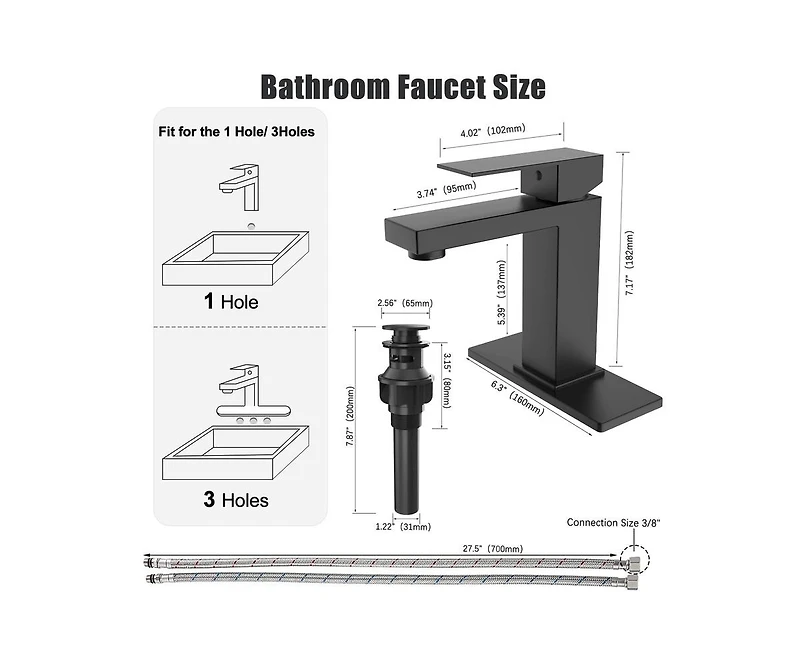 Bathroom Sink Faucet,Bathroom Sink Faucet for 1 or 3 Hole with Pop Up Drain Stopper and Water Supply Hoses,Deck Plate Included