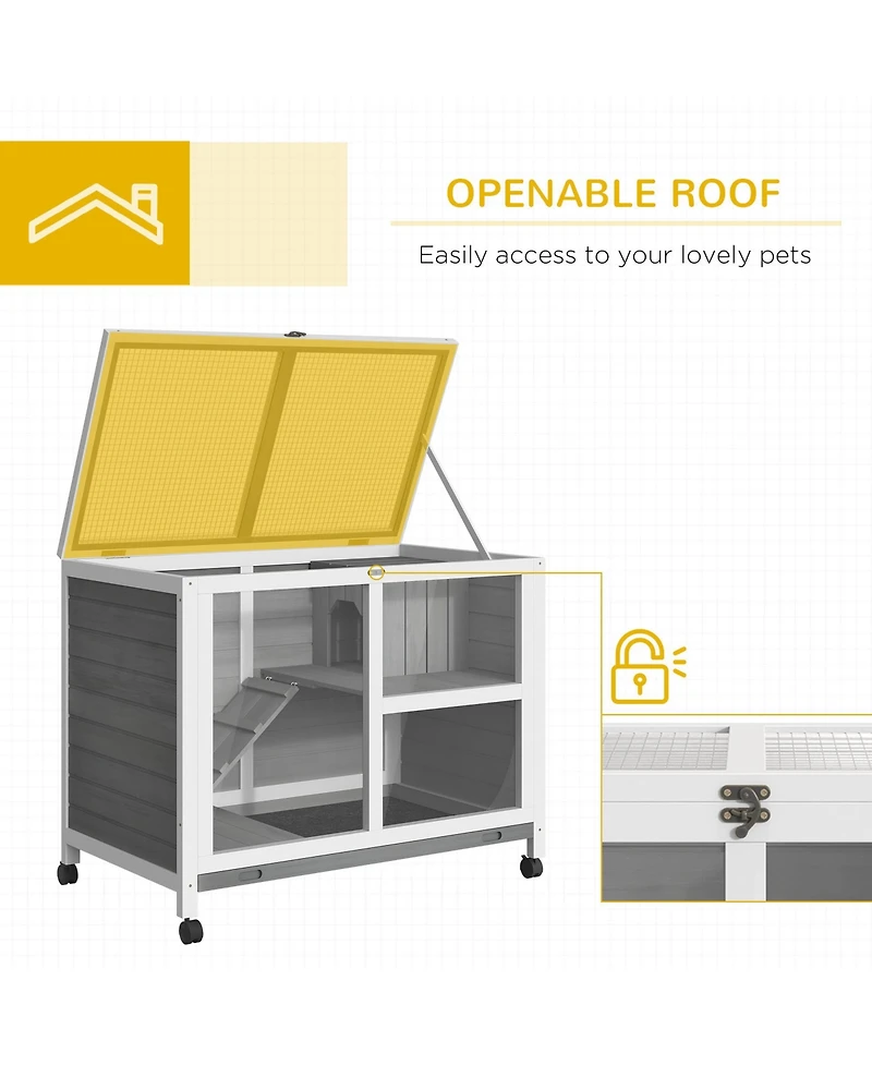 Streamdale Furniture Indoor Rabbit Hutch with Wheels, Desk and Side Table Sized, Wood Rabbit Cage, Waterproof Small Rabbit Cage, Gray