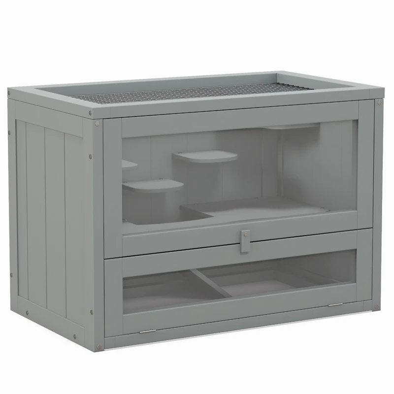 2-Level Hamster Cage Mice and Rat House, Small Animal Habitat for Guinea Pigs, Chinchillas with Openable Top, Front Door, Shelf and Ladder, Gray