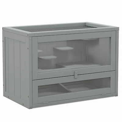 2-Level Hamster Cage Mice and Rat House, Small Animal Habitat for Guinea Pigs, Chinchillas with Openable Top, Front Door, Shelf and Ladder, Gray