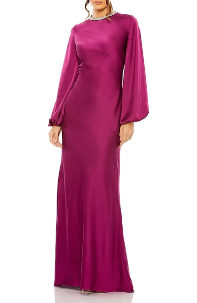 Women's Ieena Satin Long Blouson Sleeve Evening Gown