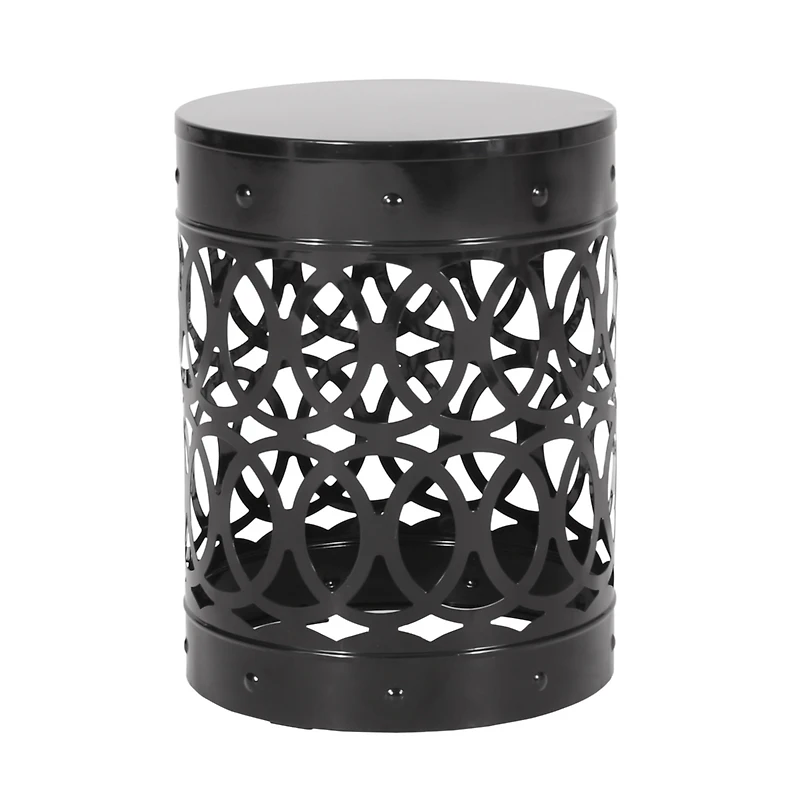 Modern Cylindrical Metal End Table With Iron-Cut Design
