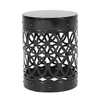 Modern Cylindrical Metal End Table With Iron-Cut Design