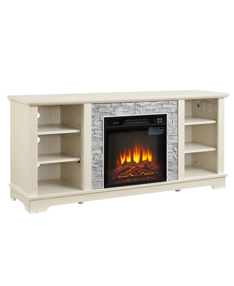 Simplie Fun Mantel Electric Fireplace Stone Tv Media Stand, Open Storage Modern Entertainment Console Space with 18" Fireplace Insert, White, 58.31" W