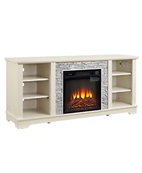 Simplie Fun Mantel Electric Fireplace Stone Tv Media Stand, Open Storage Modern Entertainment Console Space with 18" Fireplace Insert, White, 58.31" W