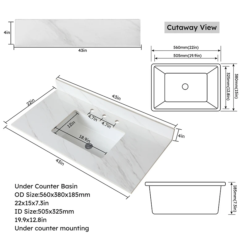 Streamdale 43" Marble Vanity Top with Sink and Backsplash