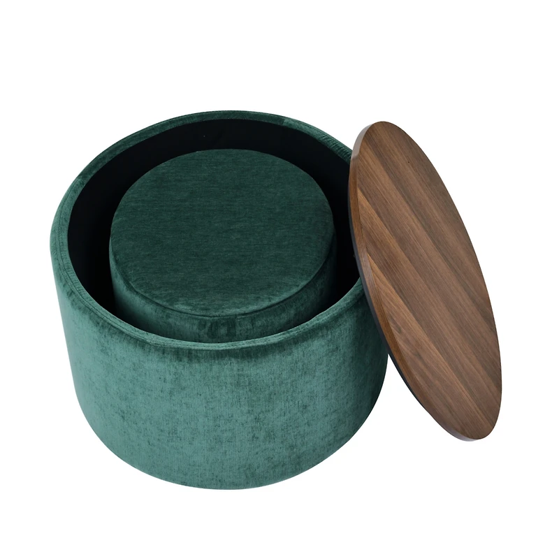 2-Piece Set Round Chenille Storage Ottoman, Equipped with a Drum Shaped Small Stool, Storage Space, and Mdf Made Desktop Panel (Dark Green23.62"