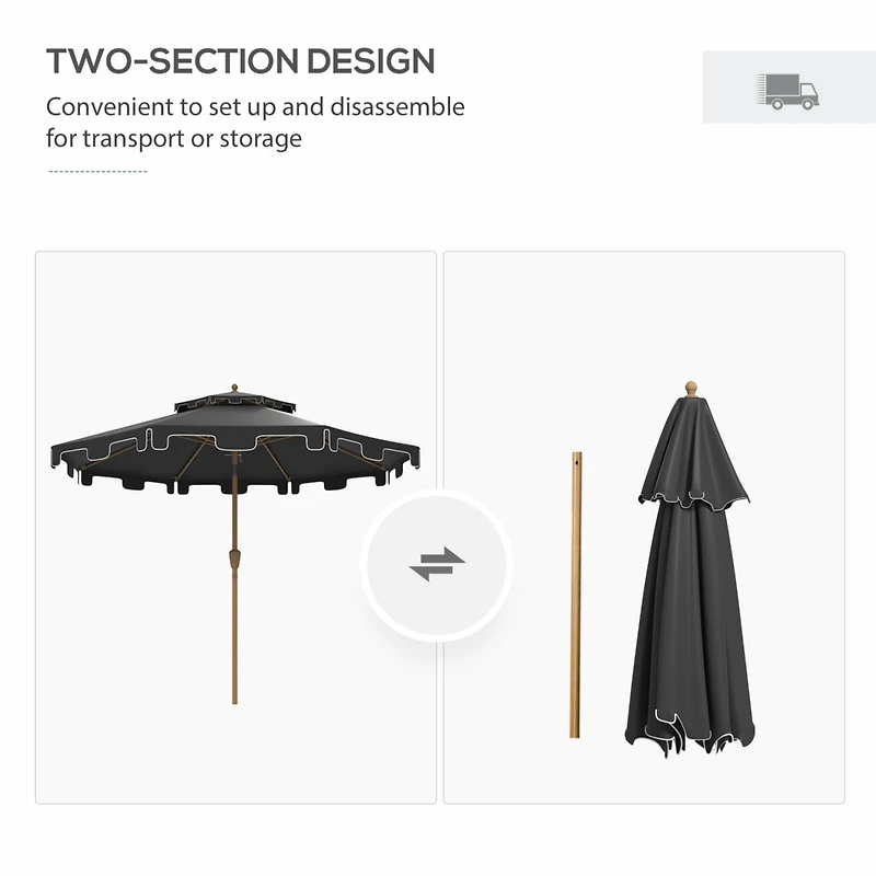 9' Patio Umbrella with Push Button Tilt and Crank, Double Top Ruffled Outdoor Market Table Umbrella with 8 Ribs, for Garden, Deck, Pool, Dark Gray