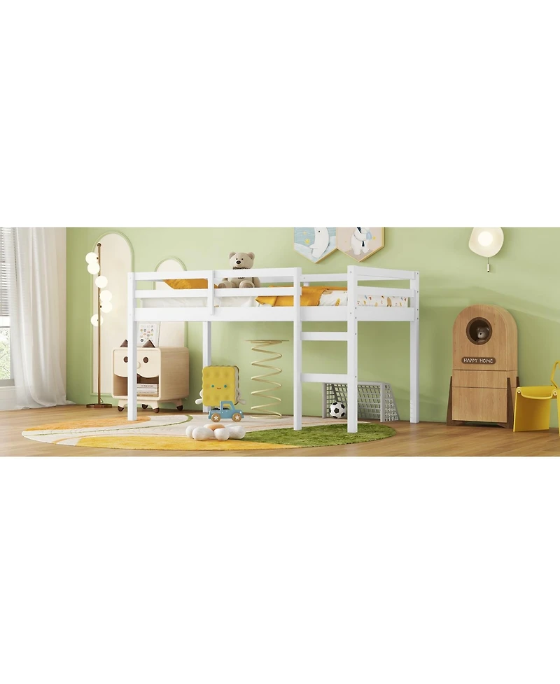 Simplie Fun Solid Wooden, Rubber Wooden Twin Loft Bed with Ladder, Bed Platform of Strengthened Slats, White