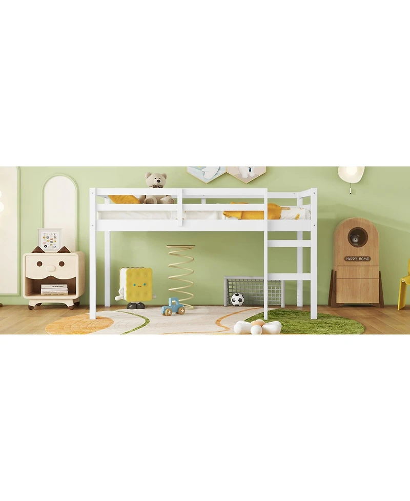 Simplie Fun Solid Wooden, Rubber Wooden Twin Loft Bed with Ladder, Bed Platform of Strengthened Slats, White