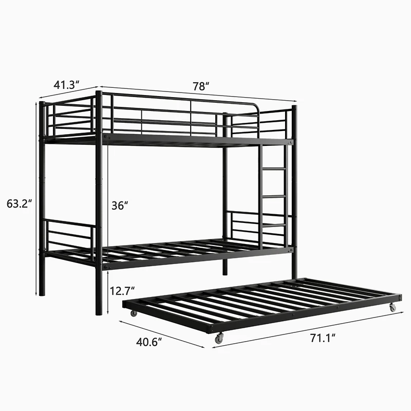 Simplie Fun Twin Bunk Bed with Trundle Metal Bunkbeds with Ladder and Full-Length Guardrail, Noise Free, No Box Spring Needed, Black