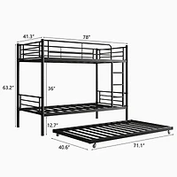 Simplie Fun Twin Bunk Bed with Trundle Metal Bunkbeds with Ladder and Full-Length Guardrail, Noise Free, No Box Spring Needed, Black