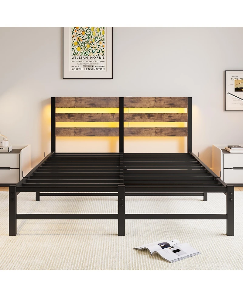 Simplie Fun Queen Size Metal Bed Frame with Wooden Headboard, Rgb Lights, Charger, Storage Shelf, Noise-Free, No Box Spring Needed, Rustic Brown