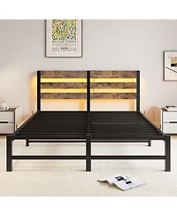 Simplie Fun Queen Size Metal Bed Frame with Wooden Headboard, Rgb Lights, Charger, Storage Shelf, Noise-Free, No Box Spring Needed, Rustic Brown