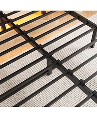 Simplie Fun Full Size Metal Bed Frame with Wooden Headboard, Rgb Lights, Outlets & Charger, Storage Shelf, Noise-Free, No Box Spring Needed