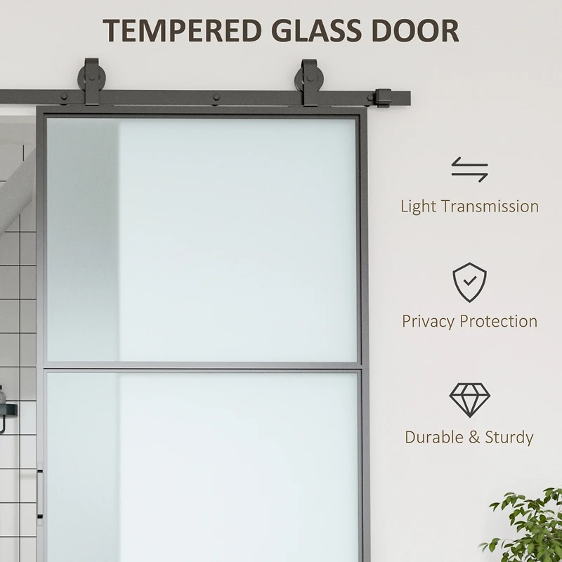 36" x 84" Sliding Door with Hardware Kit, Handle, & Track, Industrial Frosted Tempered Glass Door with Carbon Steel, Easy Installation