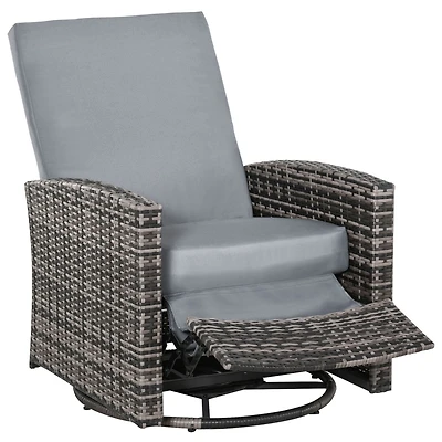 Outdoor Wicker Swivel Recliner Chair, Reclining Backrest, Lifting Footrest, 360 Rotating Basic, Water Resistant Cushions for Patio, Gray