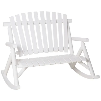 Outdoor Wooden Rocking Chair, Double-Person Rustic Adirondack Rocker with Slatted Seat, High Backrest, Armrests for Patio, Garden and Porch, White