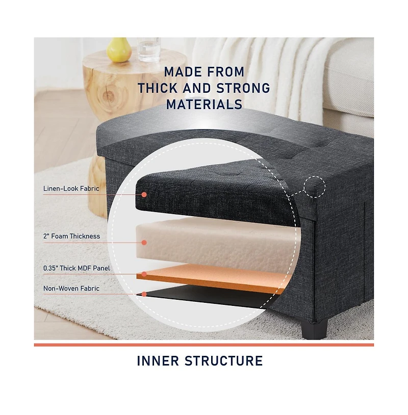 Ornavo Home Foldable Tufted 30 Inch Linen Bench Storage Ottoman with Legs