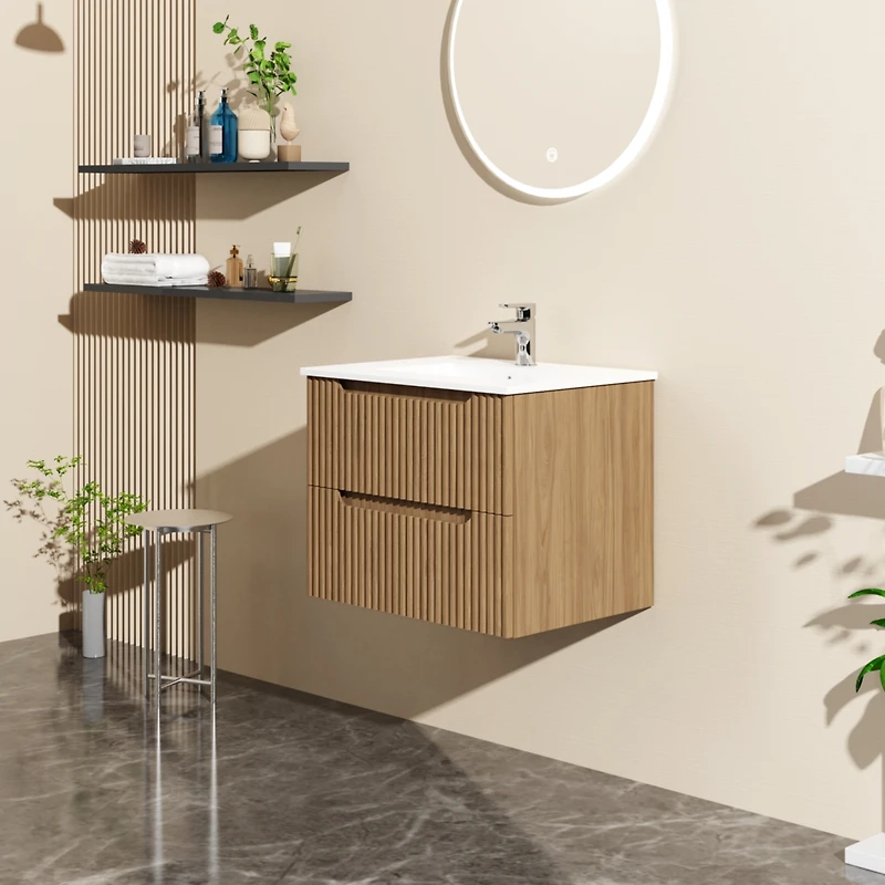 Goodyo 24" Wall-Mount Bathroom Vanity Cabinet with White Basin Sink Combo Floating, Walnut