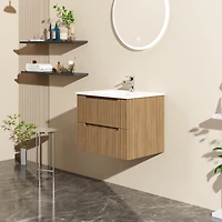 Goodyo 24" Wall-Mount Bathroom Vanity Cabinet with White Basin Sink Combo Floating, Walnut