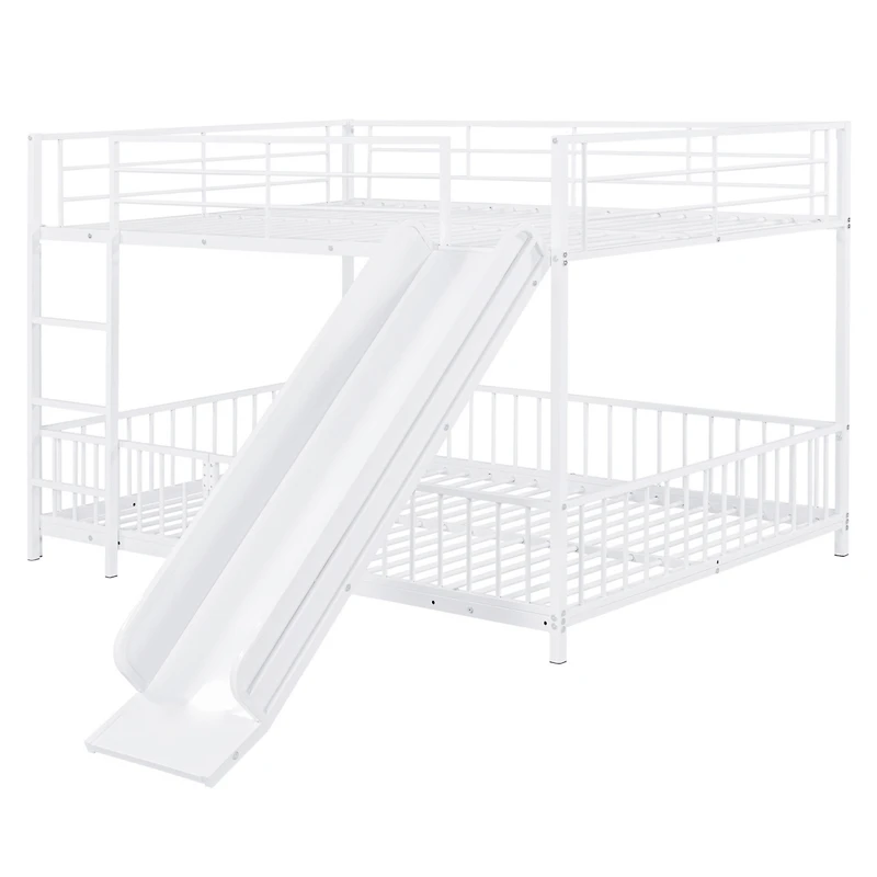 Simplie Fun Full over Full Size Metal Bunk Bed with Slide and Guardrails, White