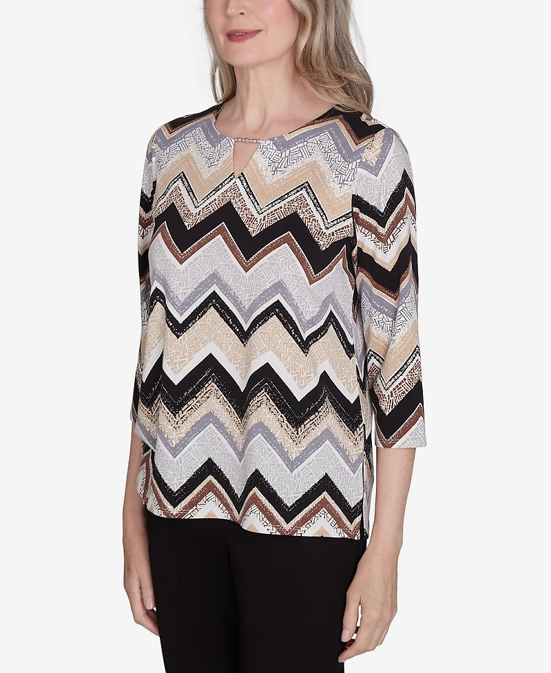 Alfred Dunner Petite Key Items Zig Zag Split Neck Top
