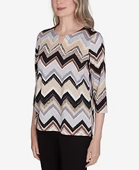Alfred Dunner Petite Key Items Zig Zag Split Neck Top