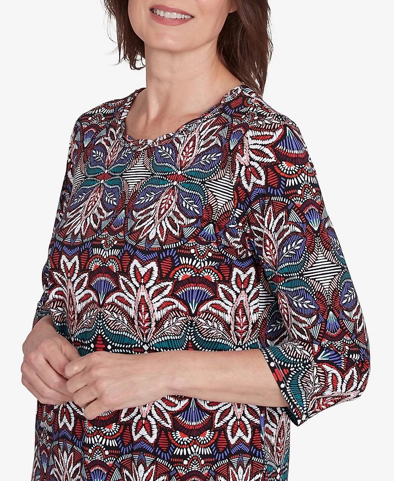 Alfred Dunner Petite Key Items Abstract Leaf Print Three Quarter Sleeve Top