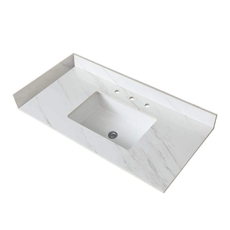 31 Inch Marble Vanity Top, White Vanity Top with Pre-drilled Faucet Holes, Bathroom Vanity Top with Undermount Rectangular Middle Sink and 4" Hei