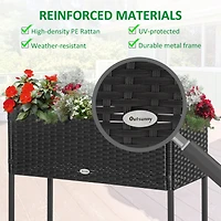 Raised Garden Bed, Elevated Planter Box with Rattan Wicker Look, Tool Storage Shelf, Portable Design for Herbs, Vegetables, Flowers, Black