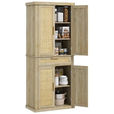 72" Tall Pantry Cabinet with Rattan Decorated Panel, Freestanding Boho Kitchen Storage Cabinet with 4 Doors, Drawer, 5-Tier Shelf and Adjustable