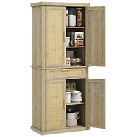 72" Tall Pantry Cabinet with Rattan Decorated Panel, Freestanding Boho Kitchen Storage Cabinet with 4 Doors, Drawer, 5-Tier Shelf and Adjustable