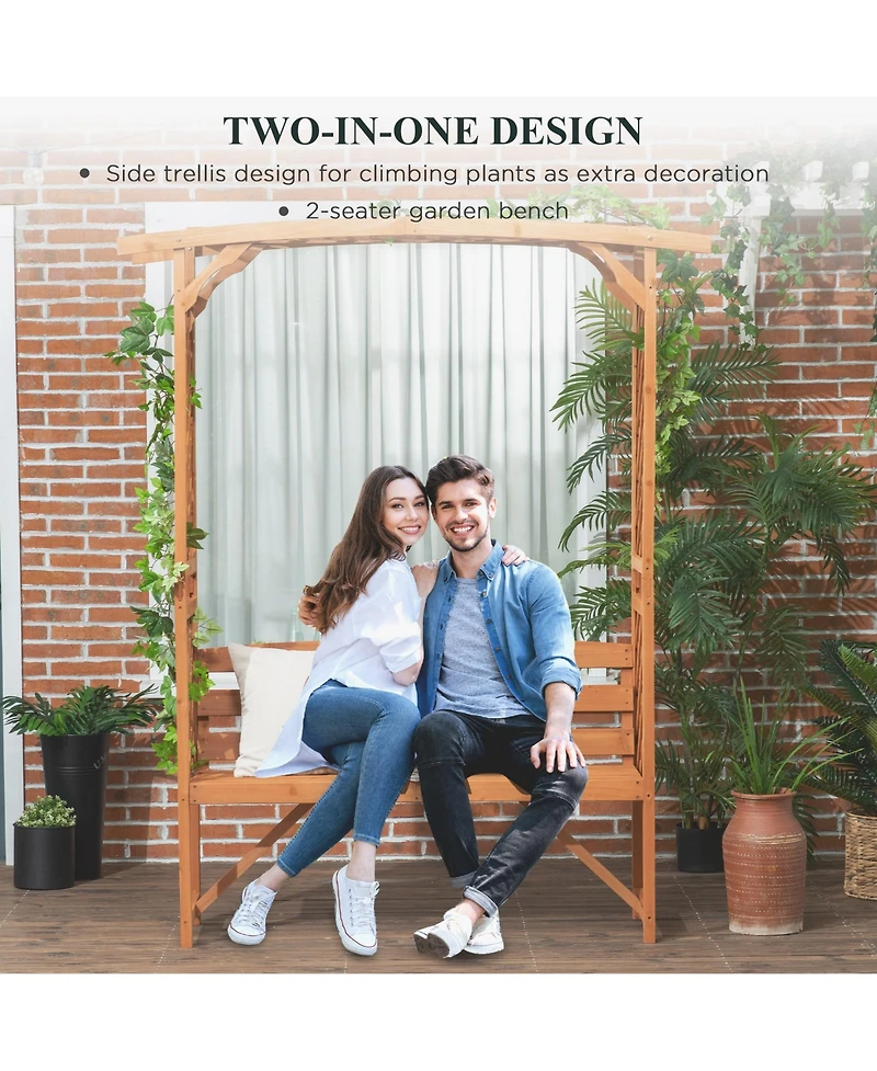 Patio Garden Bench Arbor Arch with Pergola and 2 Trellises, 3 Seat Natural Wooden Outdoor Bench for Grape Vines & Climbing Plants, Backyard Decor, Bro