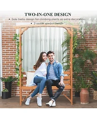 Patio Garden Bench Arbor Arch with Pergola and 2 Trellises, 3 Seat Natural Wooden Outdoor Bench for Grape Vines & Climbing Plants, Backyard Decor, Bro