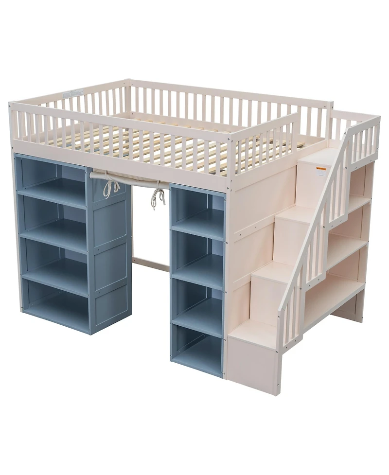 Streamdale Full Size Loft Bed with 2 Four-layer Storage Cabinets and Curtain