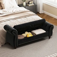 64.5" Bed Bench for Bed Room Nails Tufted Chaise of Lounge with Storage Velvet Upholstery Black