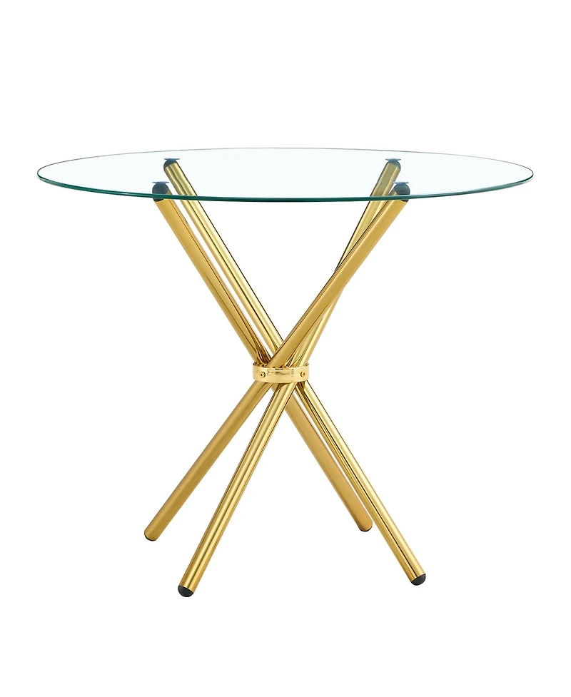 Simplie Fun Round clear glass dining table with a unique shape for 4-6 people, with ring-shaped gathered gold metal legs, suitable for desks, kitchens