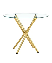 Simplie Fun Round clear glass dining table with a unique shape for 4-6 people, with ring-shaped gathered gold metal legs, suitable for desks, kitchens
