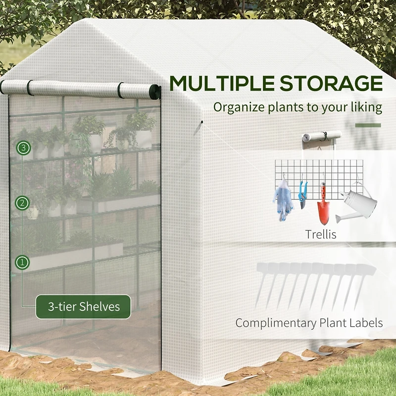 8' x 6' x 7' Walk-in Greenhouse with Mesh Door and Windows, 18 Shelf Green House with Trellis, Plant Labels, Uv protective for Growing Flowers, Herbs,
